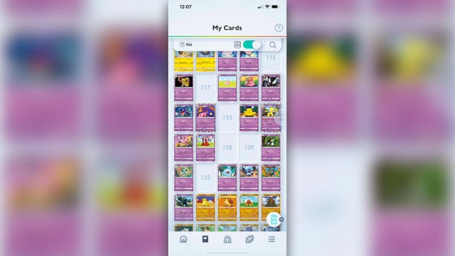 Screenshot showing an incomplete collection in Pokemon Trading Card Game Pocket.